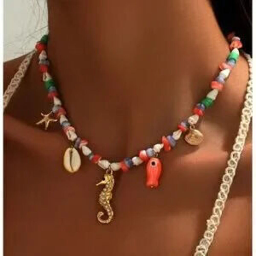 Boho Seahorse Sea life Pendants Stone Glass Necklace